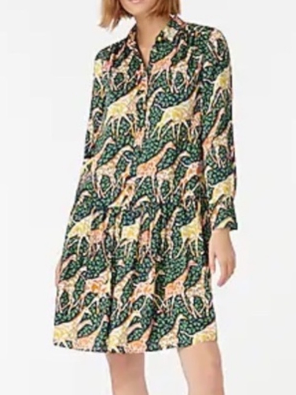 J. Crew Green Giraffe-Print Long Sleeve Shirt Dress